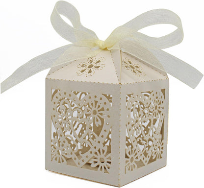 KPOSIYA 100 Pack Love Heart Laser Cut Wedding Party Favor Box Candy Bag Chocolate Gift Boxes Bridal Birthday Shower Bomboniere with Ribbons