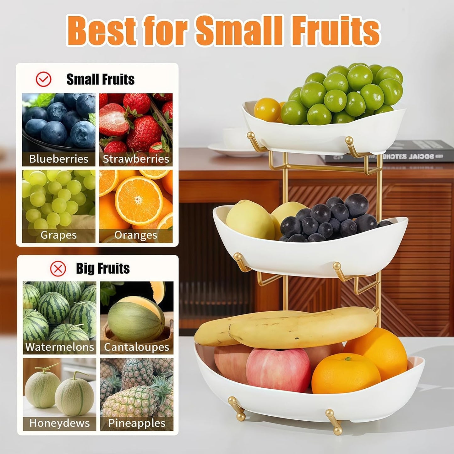 Ceramic Fruit Bowl for Kitchen Counter - 3 Tier Fruit Basket with Metal Stand, Tiered Fruit Stand for Countertop, Snack, Nuts, Cake, Dessert, Cute (Gold, Small) 1