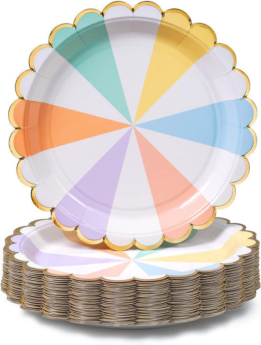 Confettiville Party Paper Plates, 50-Pack, Disposable Paper Plates, Gold Foil Scalloped Edge, Striped Pastel, 9-Inch