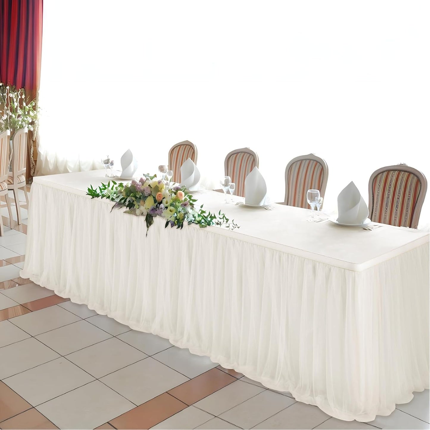 72inch Champagne Gold Tulle Table Skirts for Rectangle Round Tables, Gold Grim Ruffle Tulle Tutu Cloth Table Skirt 6ft for Wedding Birthday Party Cake Dessert Decor(No Top Cover)