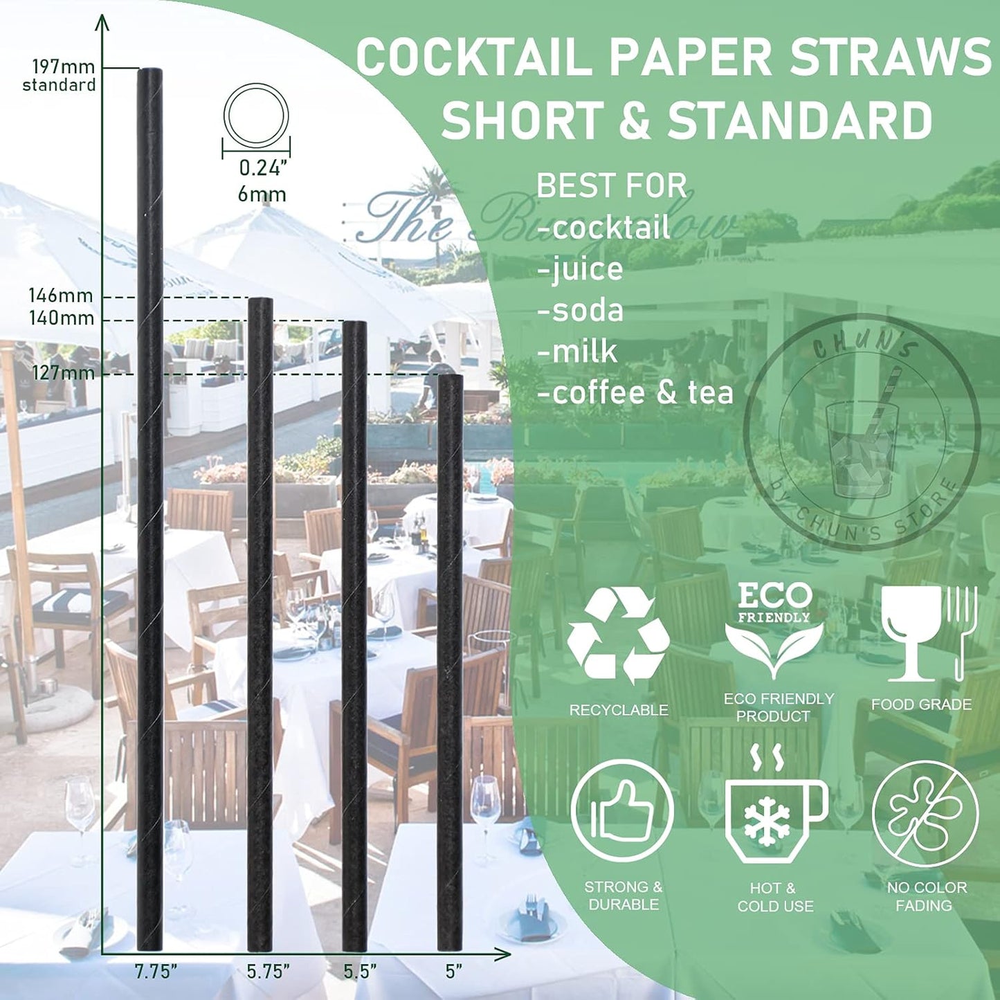 Black Paper Straws, Solid black/250 Bulk, Biodegradable Paper Drinking Straws for Cocktail, Drinks, Bars and Restaurant, 7.75"x0.24"