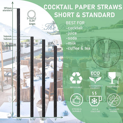 Black Paper Straws, Solid black/250 Bulk, Biodegradable Paper Drinking Straws for Cocktail, Drinks, Bars and Restaurant, 7.75"x0.24"