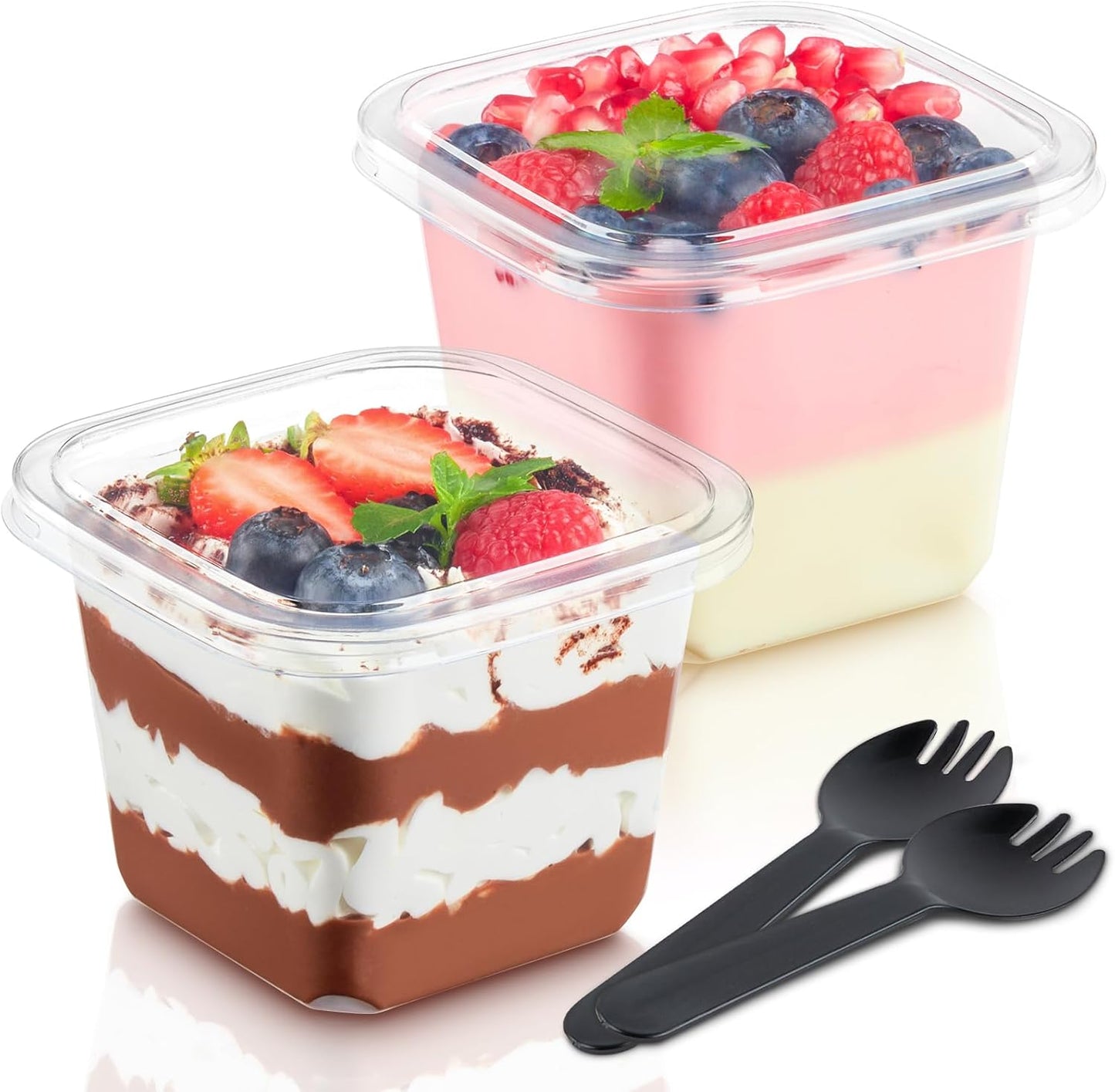 Kucoele 50 Pack 8 oz Plastic Dessert Cups with Lids and Sporks, Clear Square Cake Cups Dessert Containers for Pudding Parfait Fruit Yogurt and Shortcake
