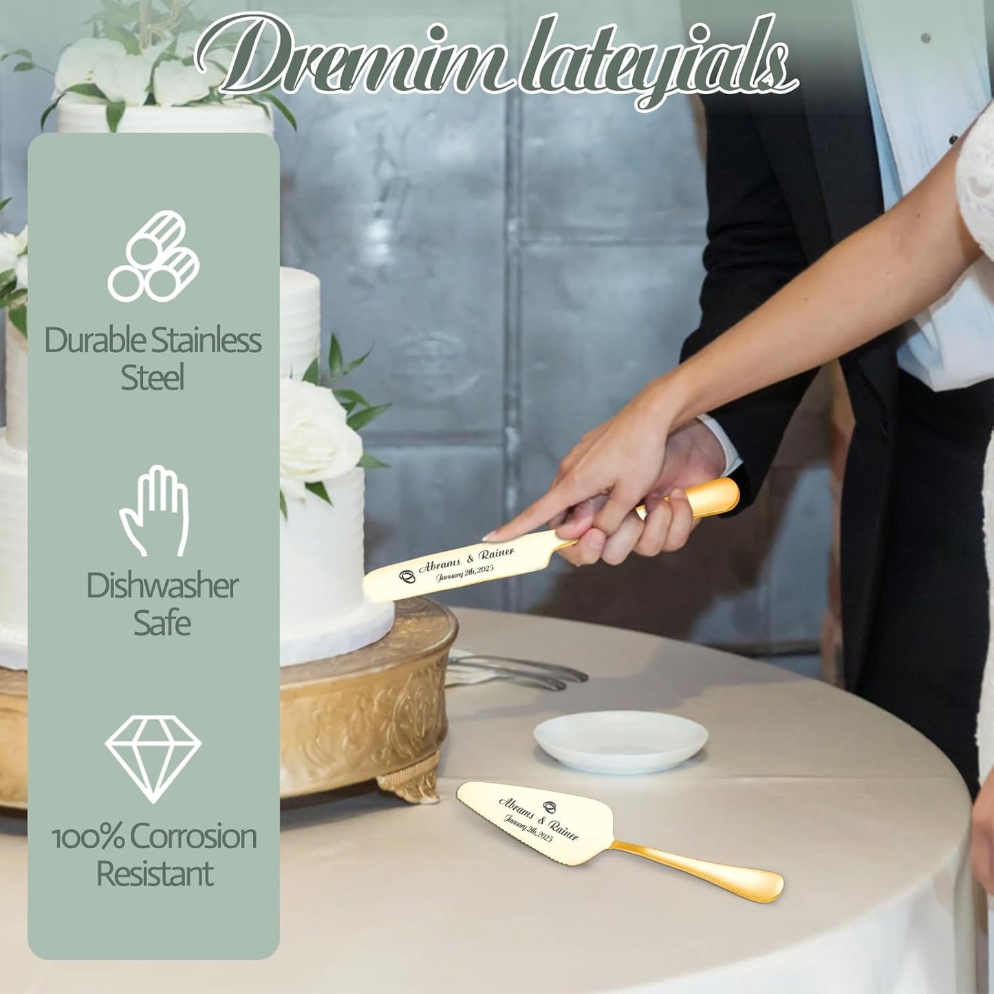 HJX Personalized Wedding Cake Knife and Server Set with Champagne Flutes, Custom Name Text Toasting Glasses for Bride and Groom, Cake Cutting Set Ideal Wedding Engagement Bridal Shower Gift