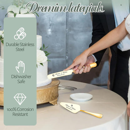 HJX Personalized Wedding Cake Knife and Server Set with Champagne Flutes, Custom Name Text Toasting Glasses for Bride and Groom, Cake Cutting Set Ideal Wedding Engagement Bridal Shower Gift