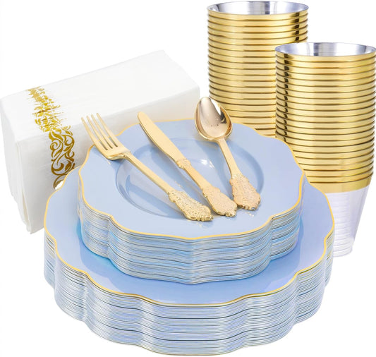 NOCCUR 175PCS Pink Plates with Gold Disposable Silverware - Include 50 Pink Plastic Plates,25 Knives,25 Forks,25 Spoons,25 Cups and 25 Napkins - Ideal for Party/Wedding/Mother's Day