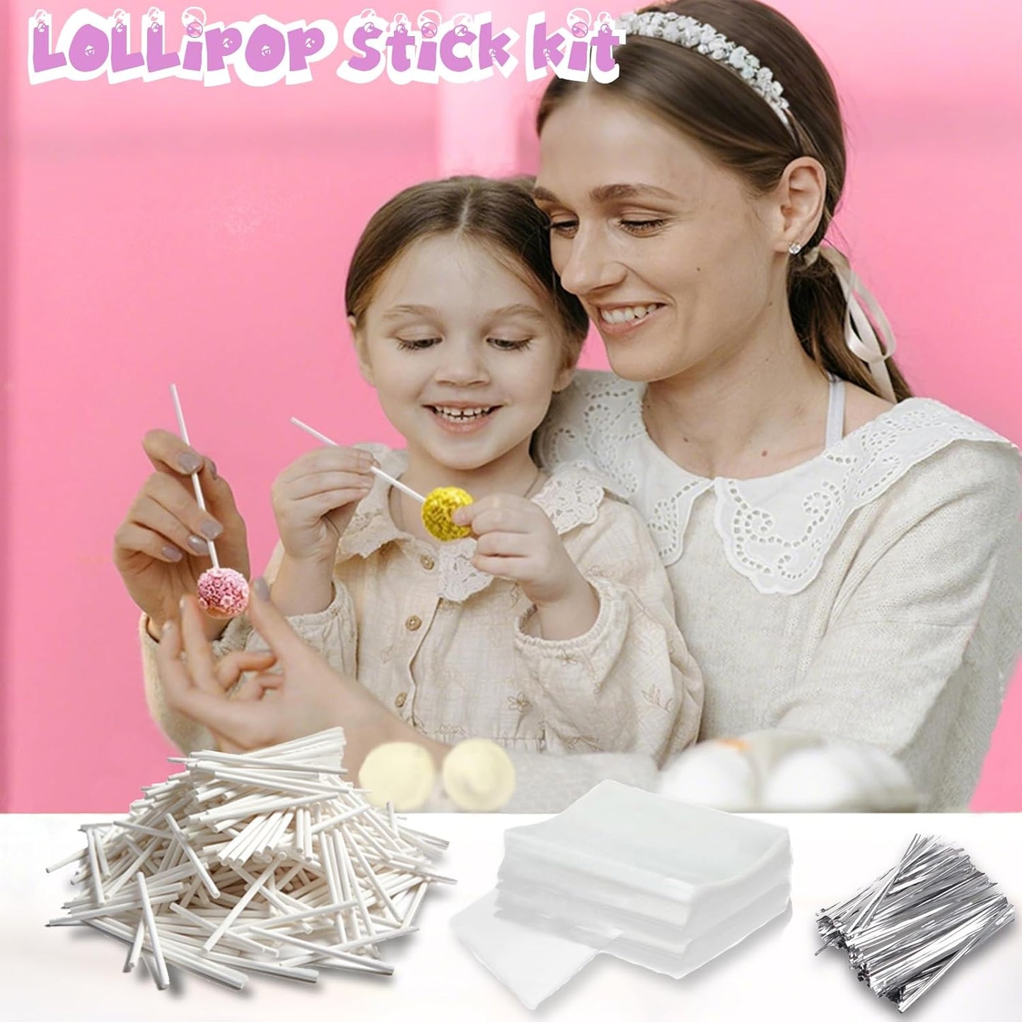 Basquei Cake Pop Sticks 6 Inches, Cake Pop Bags (3.9"X4.7"), Pink Metallic Twist Ties, 300 Pcs Cake Pop Kit Used for, Lollipops Cake, Candies, Chocolates Making Tools