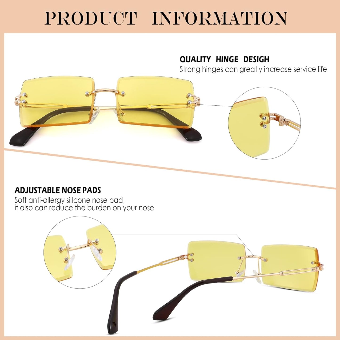 Rectangle Sunglasses for Men/Women Small Rimless Square Shade Eyewear
