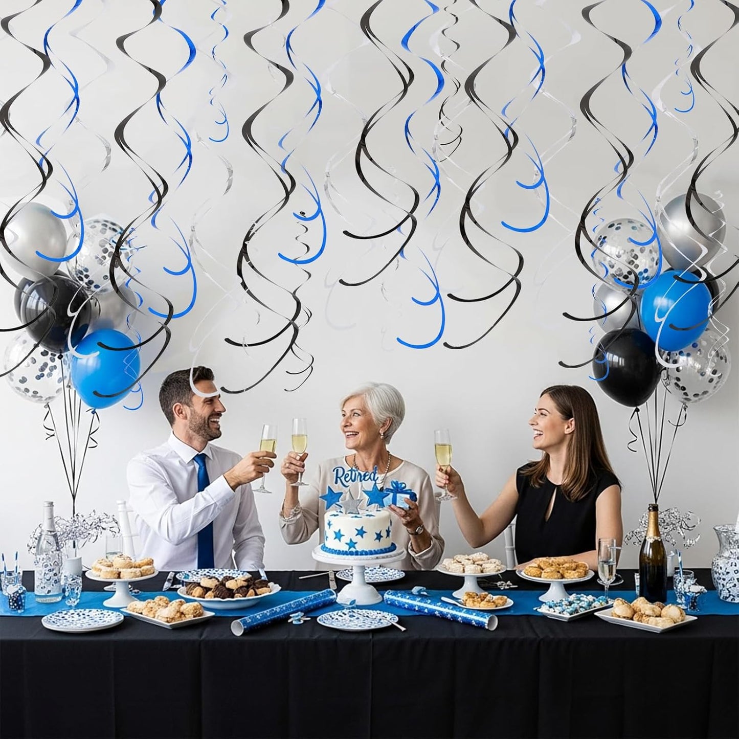 BEISHIDA Blue Blue Silver Hanging Swirls Party Decorations Plastic Streamer for Ceiling, Birthday Hanging Party Supplies, Pack of 30