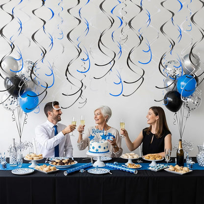 BEISHIDA Blue Blue Silver Hanging Swirls Party Decorations Plastic Streamer for Ceiling, Birthday Hanging Party Supplies, Pack of 30