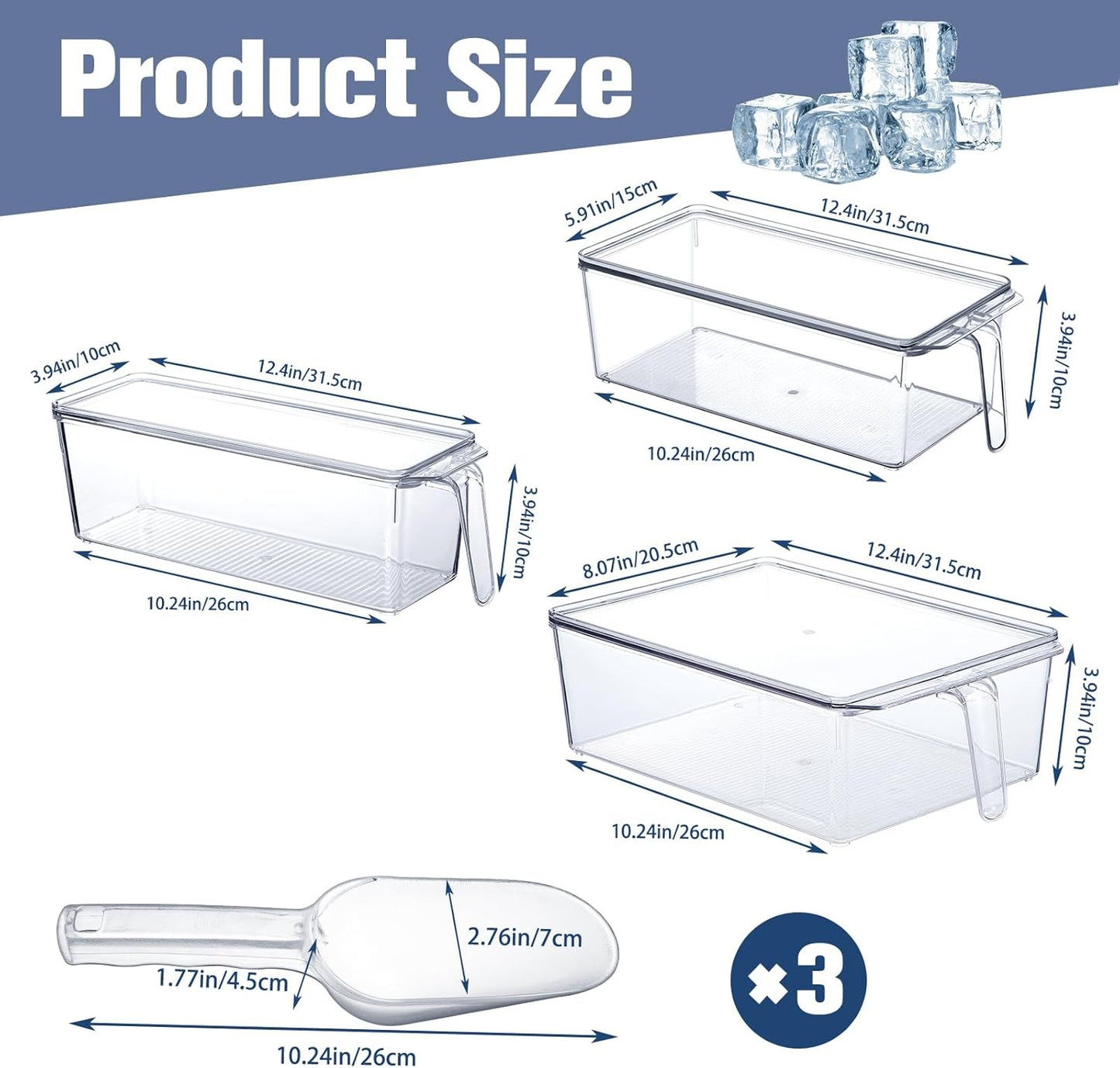 Havawish 4 Pcs Ice Storage Bin for Freezer with Lid and Flexible Scoop Set Plastic Ice Container with Lid Handle for Home Office Fridge Storage (12.4 x 8.07 x 3.94 Inches,Clear)