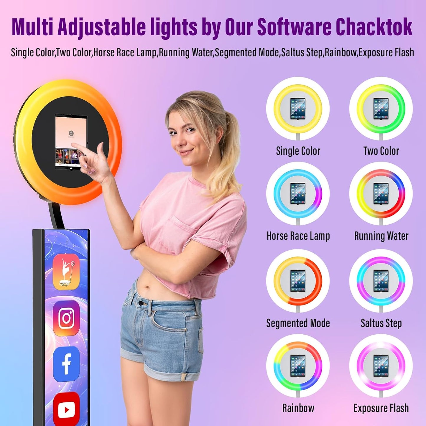 JIYANG Portable Photo Booth Compatible with Any Ipad,Photo Booth Stand Shell with ChackTok PhotoBooth VIP Member and Flight Case,Free Custom Logo,Perfect for Parties,Wedding and Events(White)