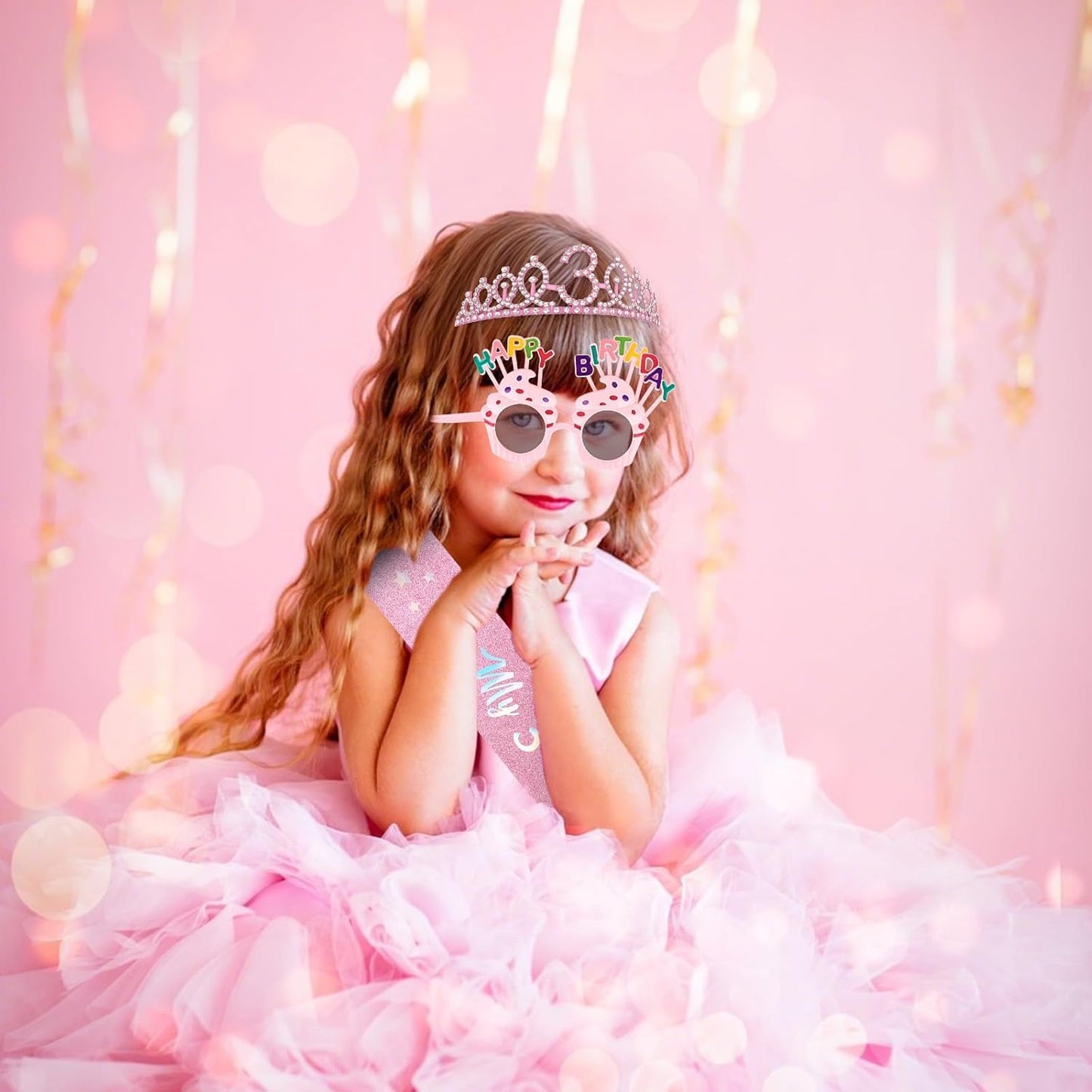 YARIEW 3rd Birthday Decorations, 3rd Glitter Purple Sash and Crown Kit with Happy Birthday Sunglasses, Tiara Princess Crown and Sash Party Outfit Accessory