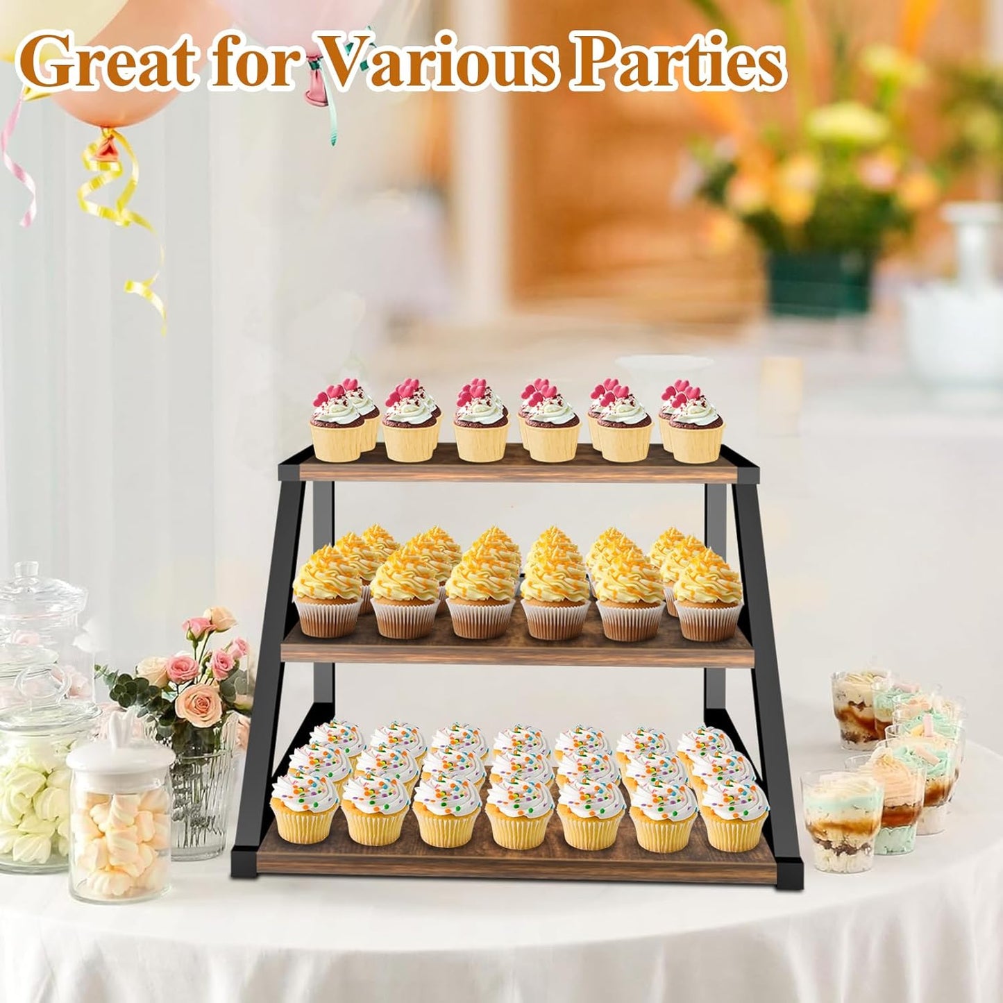 Cupcake Stand, 3 Tier Large Cupcake Stand Rustic Stepped Cupcake Display Stand Square Wood Dessert Table Display Set Cupcake Tower Tiered Tray Stand for Wedding Birthday Graduation