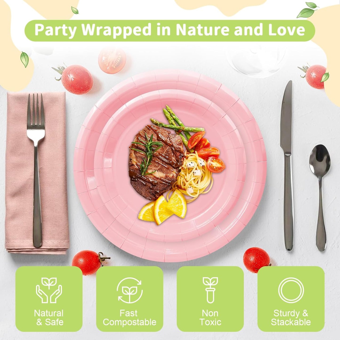 LANLISA 50 Pcs Pink Paper Plates Disposable, 25-9" & 25-7" Disposable Birthday Cake Dessert Plates For Valentines Day, Baby Shower, Easter Party, Mothers Day Party Supplies