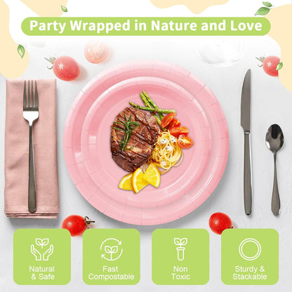 LANLISA 50 Pcs Pink Paper Plates Disposable, 25-9" & 25-7" Disposable Birthday Cake Dessert Plates For Valentines Day, Baby Shower, Easter Party, Mothers Day Party Supplies