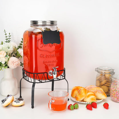 1 Gallon Glass Drink Dispensers, 2 Pack Clear Beverage Dispenser with Stand and Spigot for Parties, Drink Dispenser with Ice Core and Sticker for BBQ, Picnic, Lemonade Dispenser