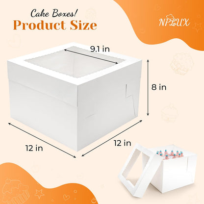 NPLUX 10 Pack Cake Boxes 12x12x8 Inch White Cake Boxes with Window Cajas Para Pasteles for Weddings Birthdays