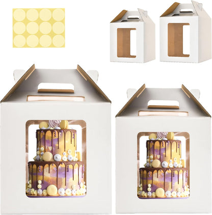 3 Pack 12in Tall Cake Boxes for Tier Cakes, 12x12x14 Inch Tiered Cake Box,Tall Cake Carrier with Window, 10in 12in Large Tierd Bakery Take Out Transport Containers with Handle