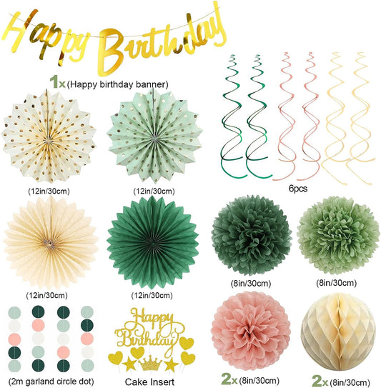 Sage Green and Pink Gold Birthday Party Decorations Kits with Happy Birthday Banner,Circle Dots Garland, Flower Pom poms,Honeycom Ball,Paper Fan,Swirls Hanging for Women Girls Decor Supplies