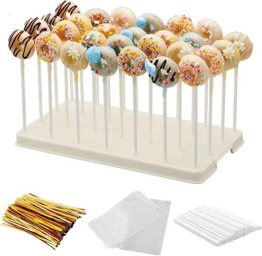 28 Holes Cake Pop Stand for Cake Pops, Lollipop Hold Stand, Cake Pop Display Holder, Candy Pop Holder with 100 Pcs Cake Pop Sticks, 100 Pcs Cake Pop Bags, 100 Pcs Gold Twist Ties(White)