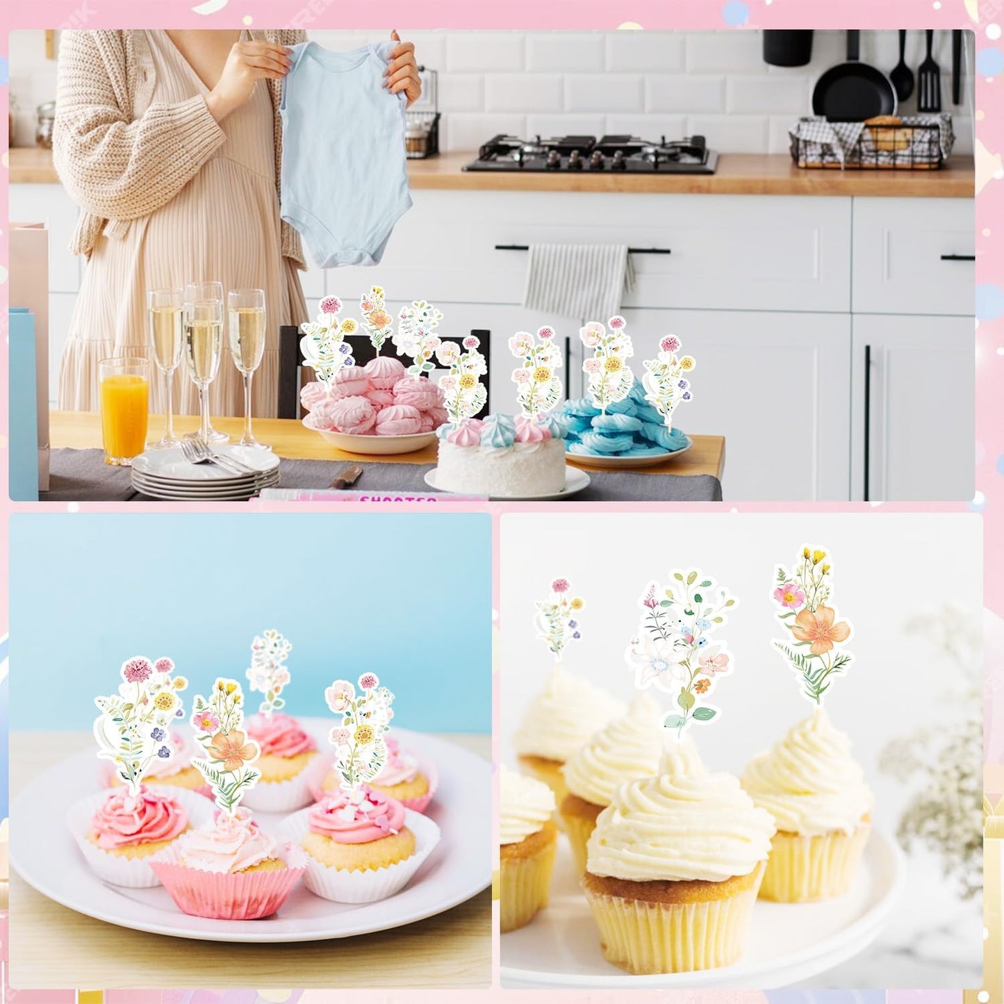 Rngmsi Flower Birthday Cupcake Toppers Decorations, 40PCS Wildflower Baby in Bloom Baby Shower Cake Decorations for Girls Women, Garden Floral Fairy Party Decor