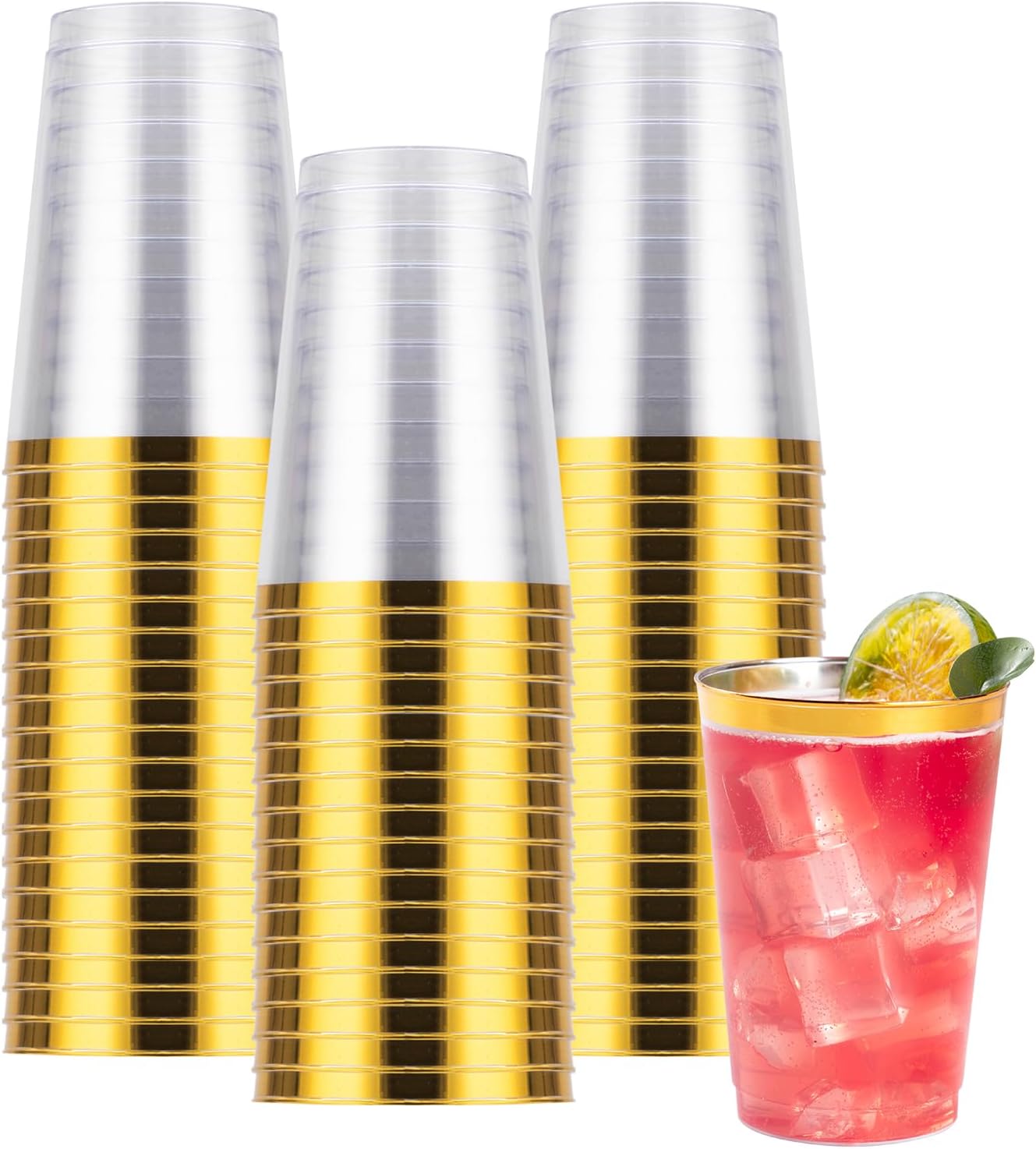 Goodluck 100PCS 9oz Gold Plastic Cups for Party, Disposable Gold Rim Cups, Plastic Cocktail Glasses for Wedding Thanksgiving, Christmas, and Parties