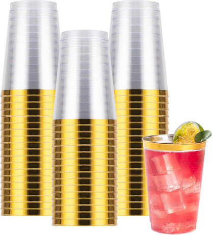 Goodluck 100PCS 9oz Gold Plastic Cups for Party, Disposable Gold Rim Cups, Plastic Cocktail Glasses for Wedding Thanksgiving, Christmas, and Parties