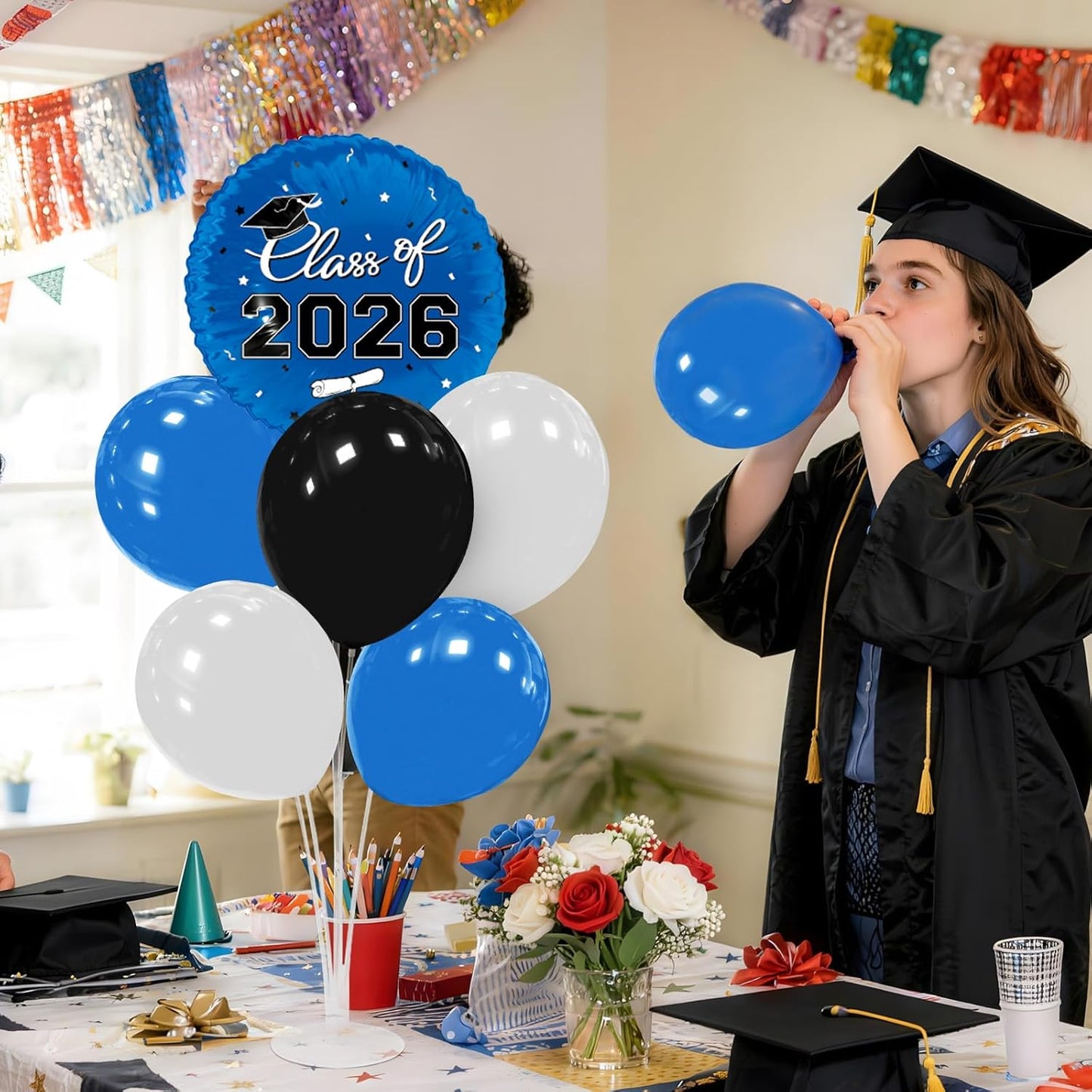 Graduation Decorations - 4 Set Balloon Stands, Class of 2026 Congrats Grad Table Centerpieces for Graduation Party Supplies(Gold& Black)
