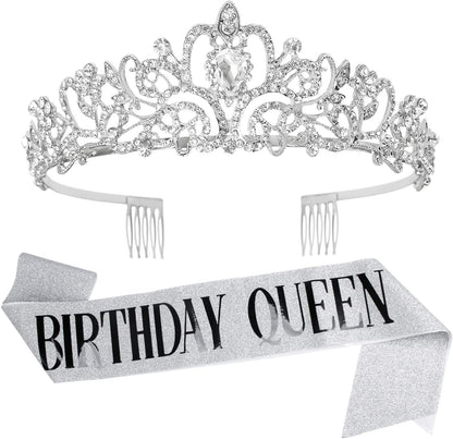 Happy Birthday Queen Tiara Crowns for Women, Red Sash, Party Favors Supplies Gift, 30th Decorations, Stuff Accessories