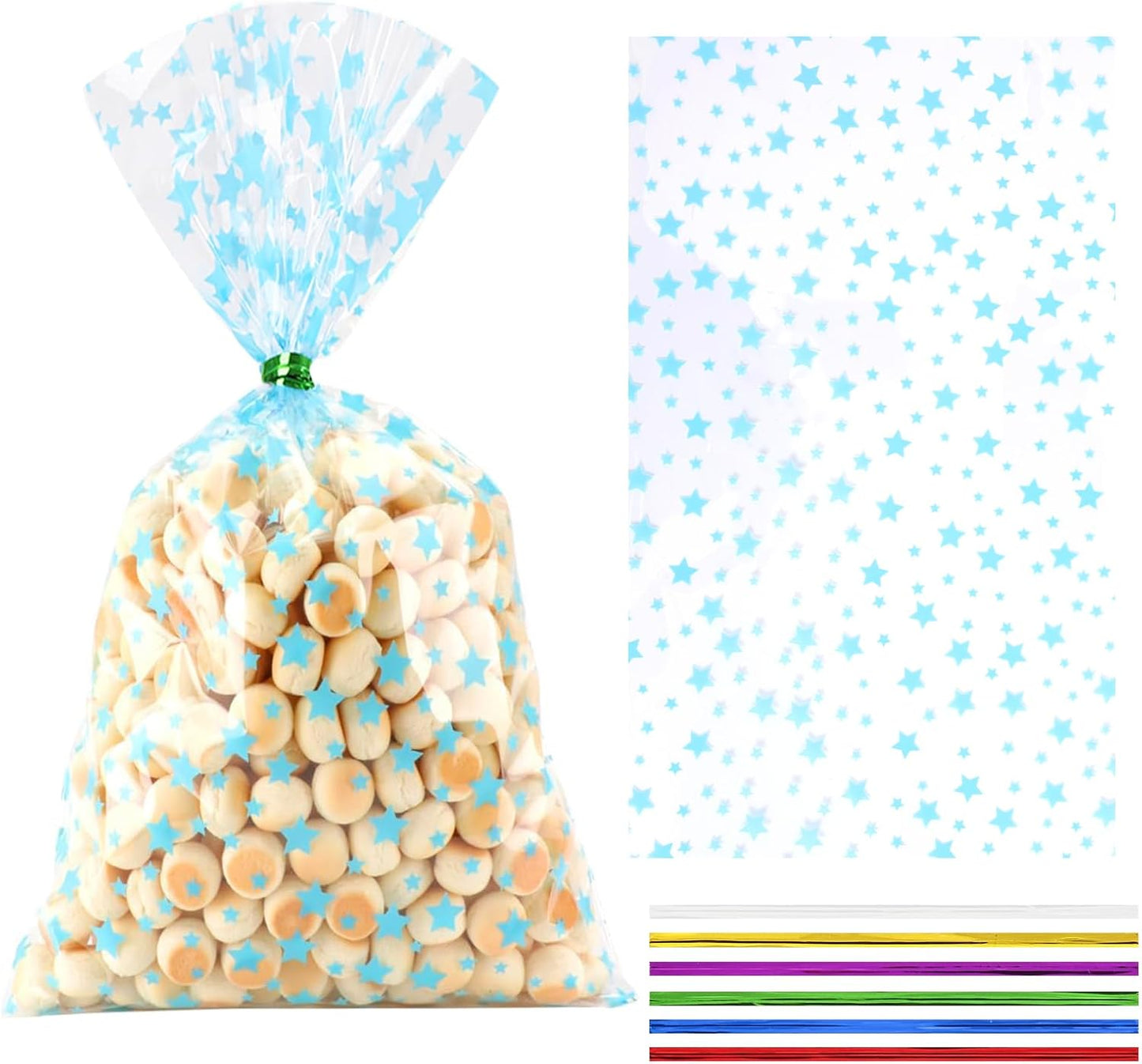 100 Pcs Star Printed 5"X 7" Gift Wrap Cello Cellophane Treat Bags Party Favor bags Clear Candy Cookie Bag Plastic Poly Goodie Storage Bag with Twist Ties for Bakery,Birthday, Wedding ,Party Decorations (Gold)