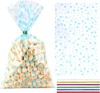 100 Pcs Star Printed 5"X 7" Gift Wrap Cello Cellophane Treat Bags Party Favor bags Clear Candy Cookie Bag Plastic Poly Goodie Storage Bag with Twist Ties for Bakery,Birthday, Wedding ,Party Decorations (Gold)