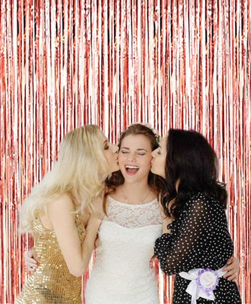 i-CHONY 2 Pcs 3.2ft x 8.2ft Champagne Gold Metallic Tinsel Foil Fringe Curtains Photo Booth Backdrop for Baby Shower Birthday Wedding Holiday Celebration Bachelorette Party Decorations