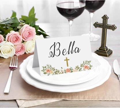 24 Pcs Baptism Place Cards, Baptism Themed Buffet Food Labels and Tent Name Cards for Newborn Baby Shower Party Table Setting Decorations Supplies (White)