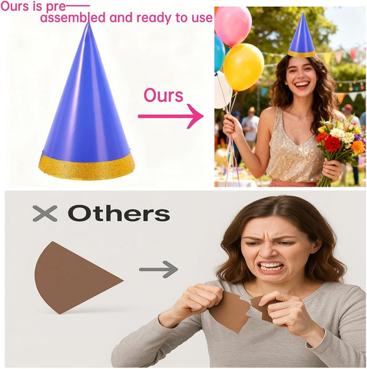 Pre-Assembled Pastel Party Hats for Kids, Birthday Party Hats for Adults