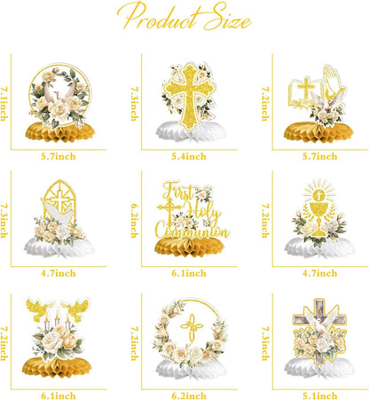 First Holy Communion Honeycomb Centerpieces, Baptism Decorations, God Bless Religious Party Table Decor, First Communion Table Centerpiece, Christening Baby Shower Party Decorations 9PCS