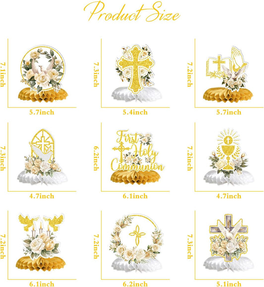 First Holy Communion Honeycomb Centerpieces, Baptism Decorations, God Bless Religious Party Table Decor, First Communion Table Centerpiece, Christening Baby Shower Party Decorations 9PCS