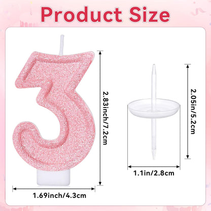 Cute Number 3 Birthday Candle, Glitter Pink Number Candles, Birthday Cake Topper Decoration, Party Supplies Anniversary Celebrations