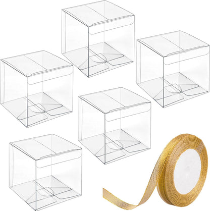 JOERSH 2x2x2 Inches Clear Boxes for Favors with Gift Ribbons, 60 PCS Mini Transparent Cube Wedding Baby Shower Birthday Party Favor Boxes, Small Gifts Display Individual Macaron Box