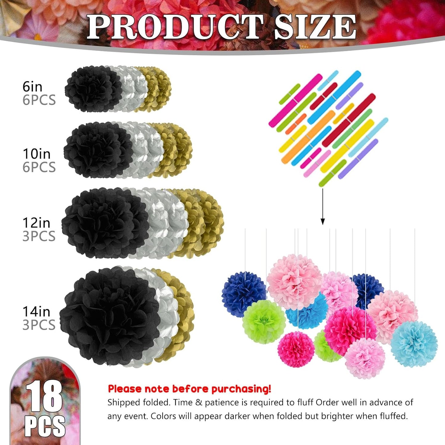 Tissue Paper Pom Poms, Pink Tissue Paper Flowers, Hanging Flower Balls for Weddings Fiesta Parties Birthday Baby Showers Classroom Bridal Shower Decoration (18Piece Set-6/10/12/14Inch)