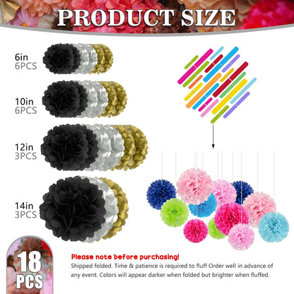 Tissue Paper Pom Poms, Pink Tissue Paper Flowers, Hanging Flower Balls for Weddings Fiesta Parties Birthday Baby Showers Classroom Bridal Shower Decoration (18Piece Set-6/10/12/14Inch)