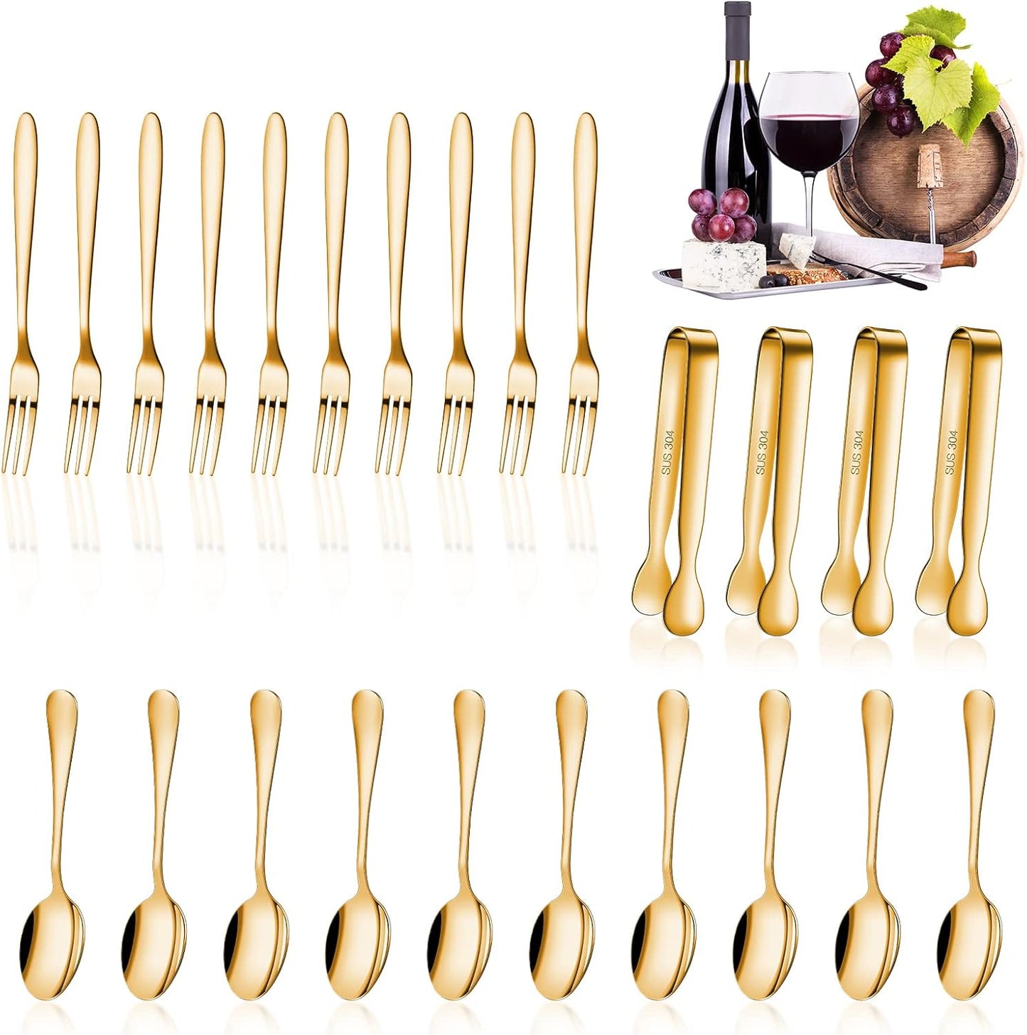 Cunhill 24 Pcs Charcuterie Accessories Mini Cocktail Tongs Small Serving Spoons and Appetizer Forks Stainless Steel Tongs Charcuterie Utensils for Valentine Party Supplies(Vivid Sharp Spoon,Silver)