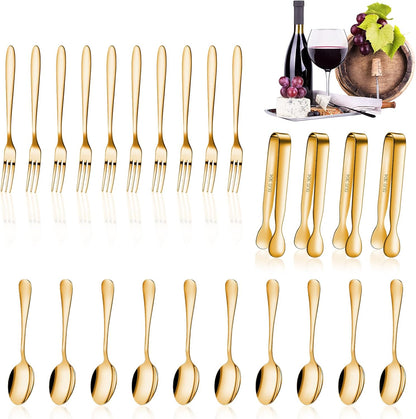 Cunhill 24 Pcs Charcuterie Accessories Mini Cocktail Tongs Small Serving Spoons and Appetizer Forks Stainless Steel Tongs Charcuterie Utensils for Valentine Party Supplies(Vivid Sharp Spoon,Silver)