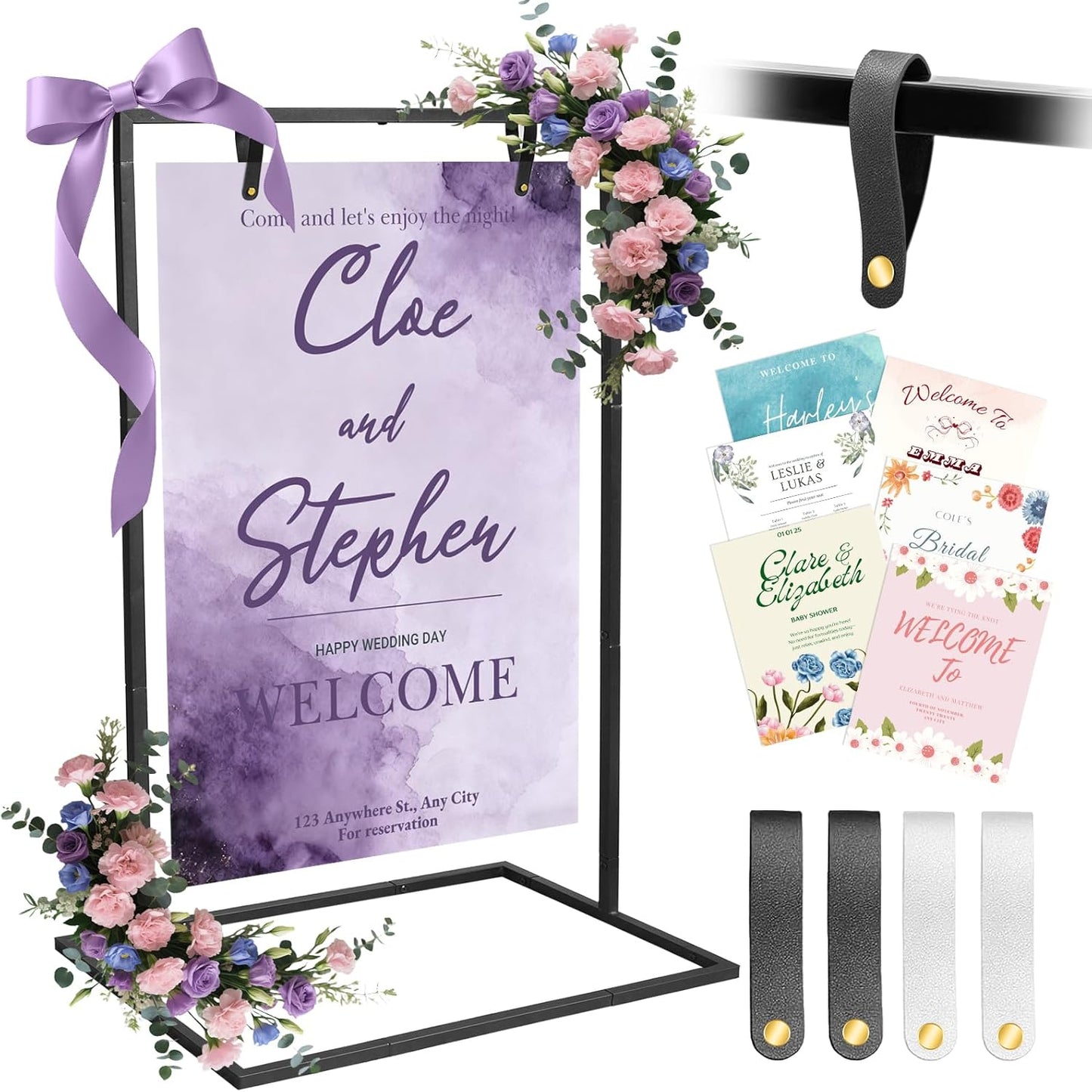 AZEAM Wedding Welcome Sign Stand with 4 Leather Straps for Hanging, 50"x30"x20" Metal Black Wedding Easel Stand for Welcome Sign, Seating Chart Holder for Outside Baby Shower Party Restaurant Poster