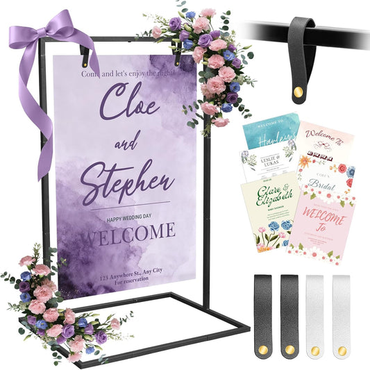 AZEAM Wedding Welcome Sign Stand with 4 Leather Straps for Hanging, 50"x30"x20" Metal Black Wedding Easel Stand for Welcome Sign, Seating Chart Holder for Outside Baby Shower Party Restaurant Poster