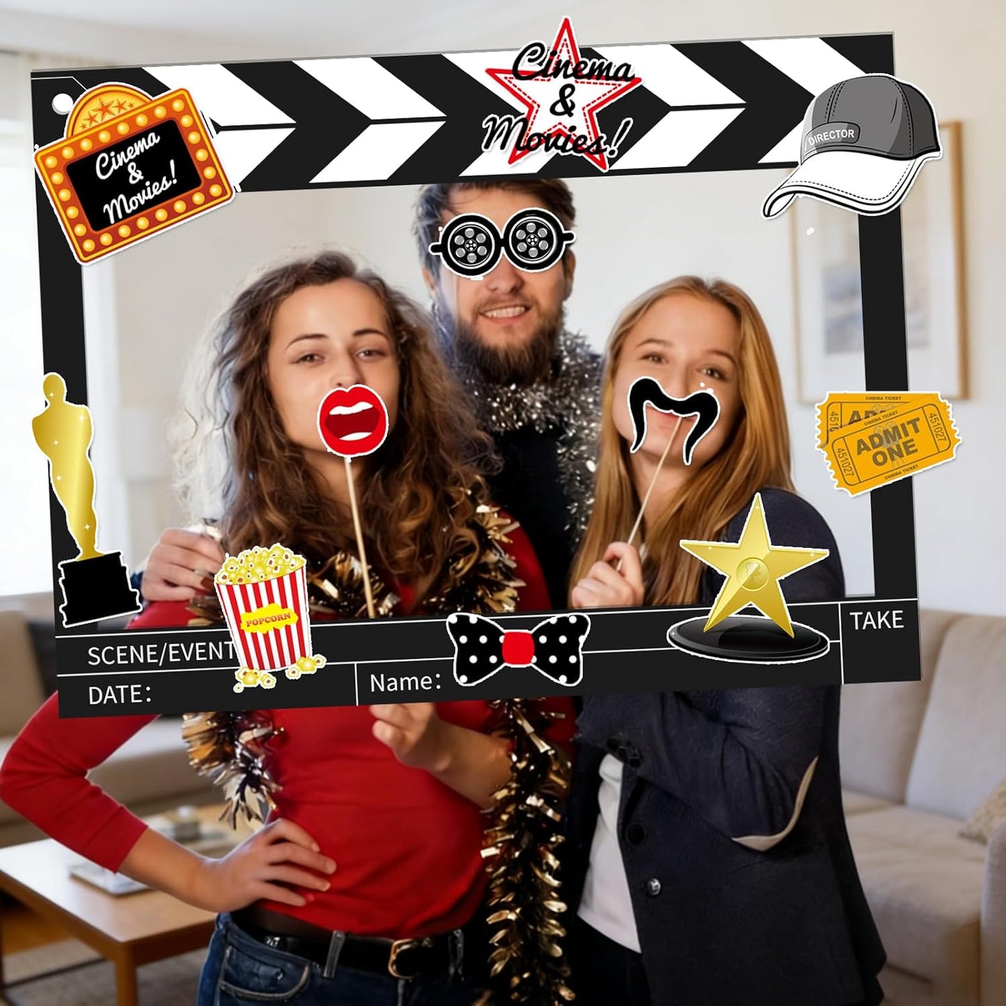 32Pcs Movie Night Photo Booth Props with 23X31Inch Plastic Picture Frame Selfie Props DIY Pictures Frame with Cutouts Stickers for Birthday Party Supplies