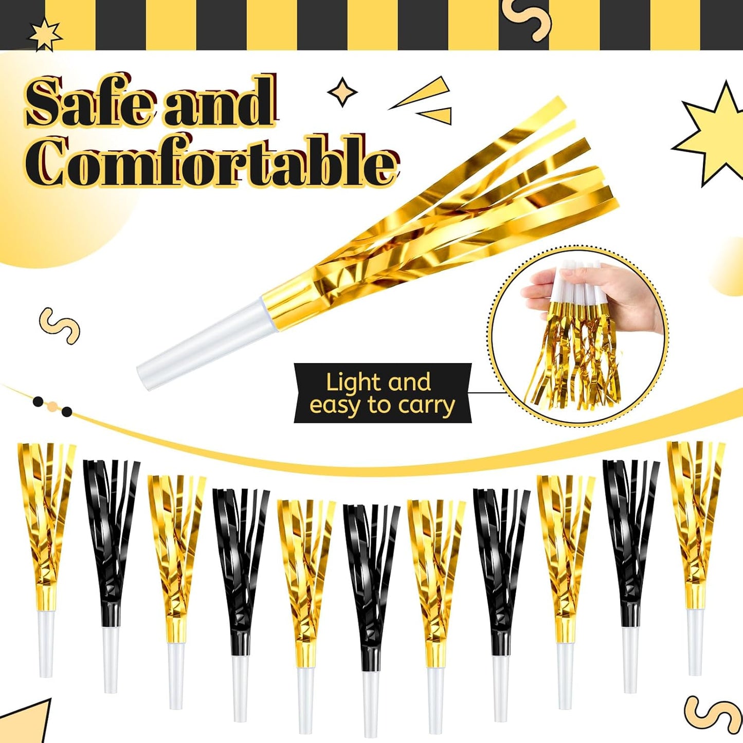 Sumind 24 Pcs Gold Noise Makers Metallic Fringed Party Blowers Horns Whistles Noisemakers Party Favors for Adults Birthday Graduation Sporting Events Celebration Surprise Supplies
