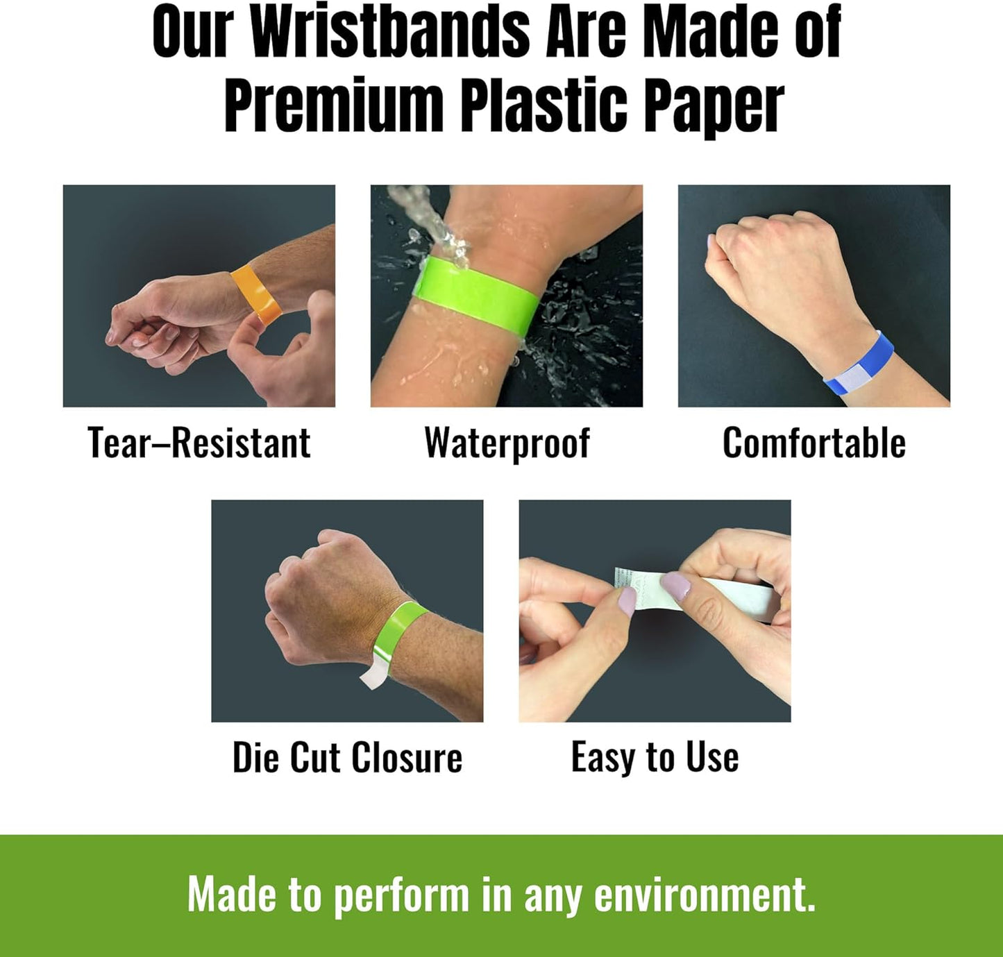 500 WristCo 5 Color Variety Pack Paper Plastic Wristbands for Events - Premium Water-Proof Tear Resistant Paper Bracelets ID Wrist Bands for Concerts Festivals Admission Party Identification