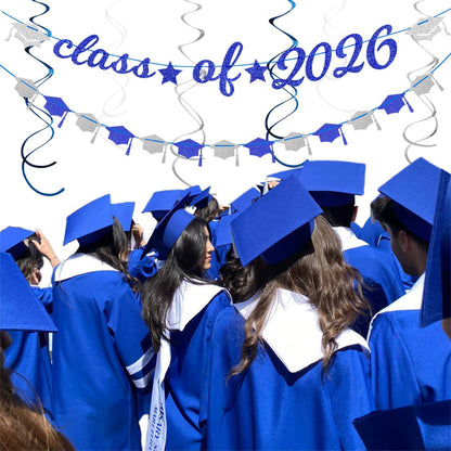 2026 Blue Class-Congratulations Prom Graduation Party-Decorations - 22pcs High School College Grad Supplies Decor,Royal Navy White Silver Tissue Pom Poms Streamers, Paper Flowers Lanterns Hugmoon