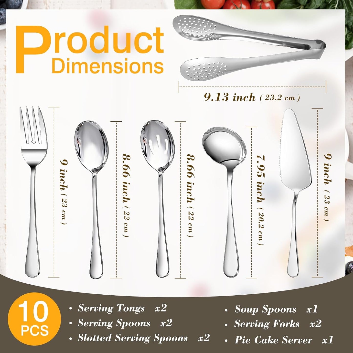 10PCS 18/8 Stainless Steel Serving Utensils Set for Parties, Kitchen Serving Tools-Include Serving Spoons, Slotted Spoons, Serving Forks Tongs Soup Ladle, Cake Pie Server for Buffet, Wedding